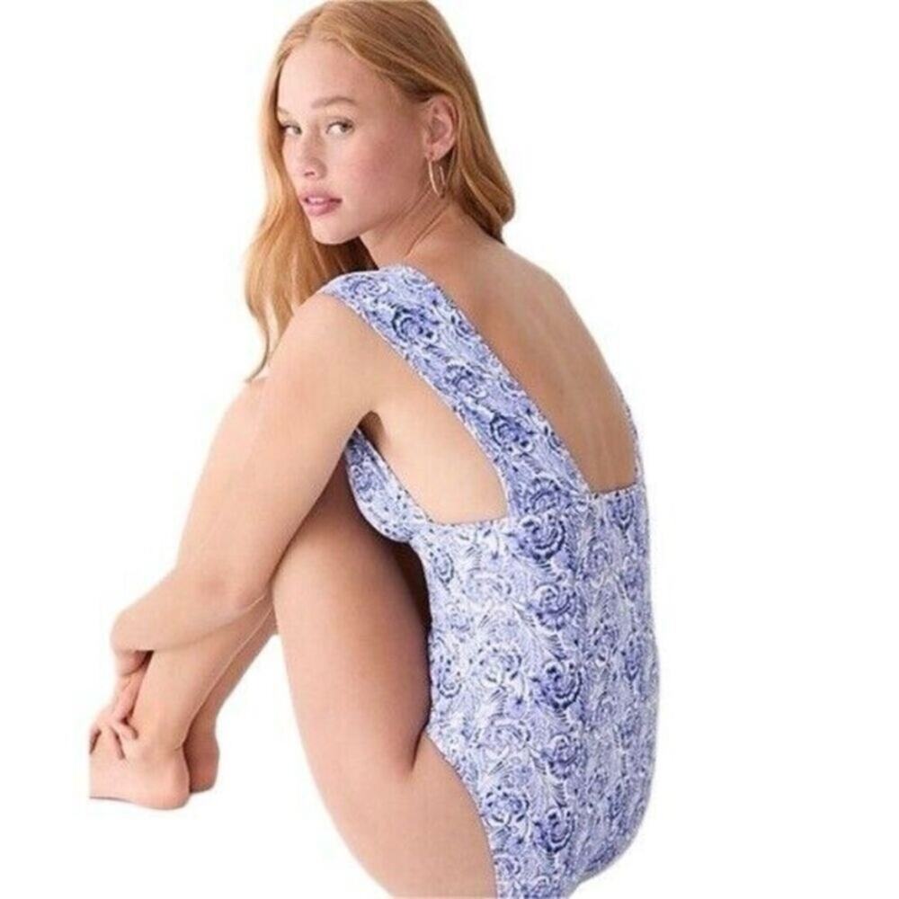 J. Crew V-neck One-piece Blue & White Dandelion Swirl Women's 24 3X BH498 $118 - Picture 3 of 5